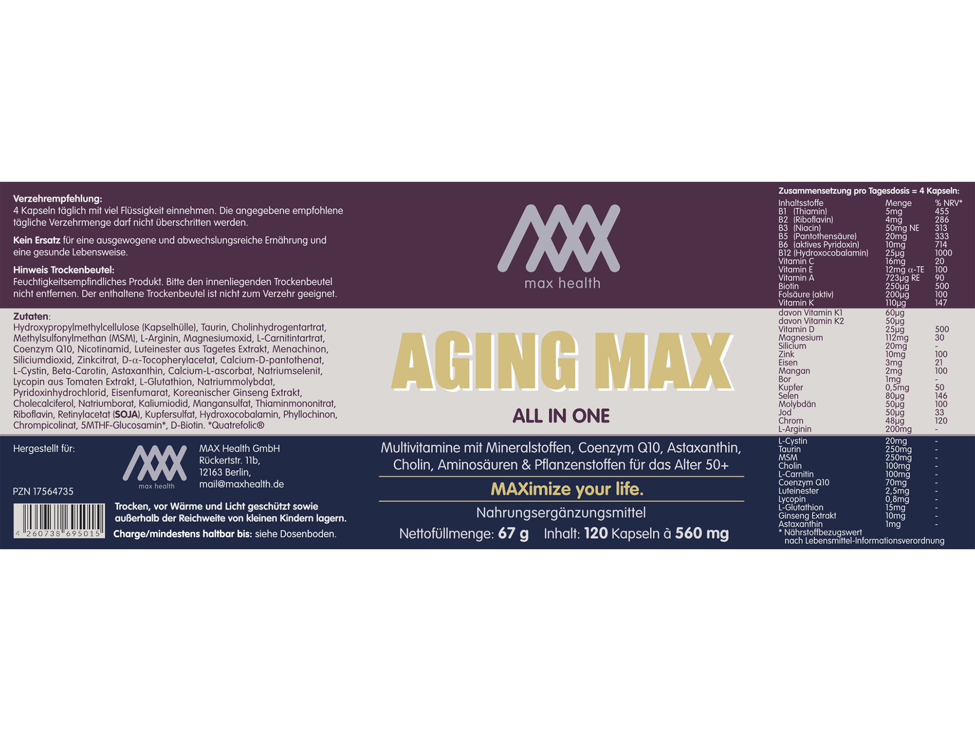 Max Health Aging Max Multivitamine All in One Etikett