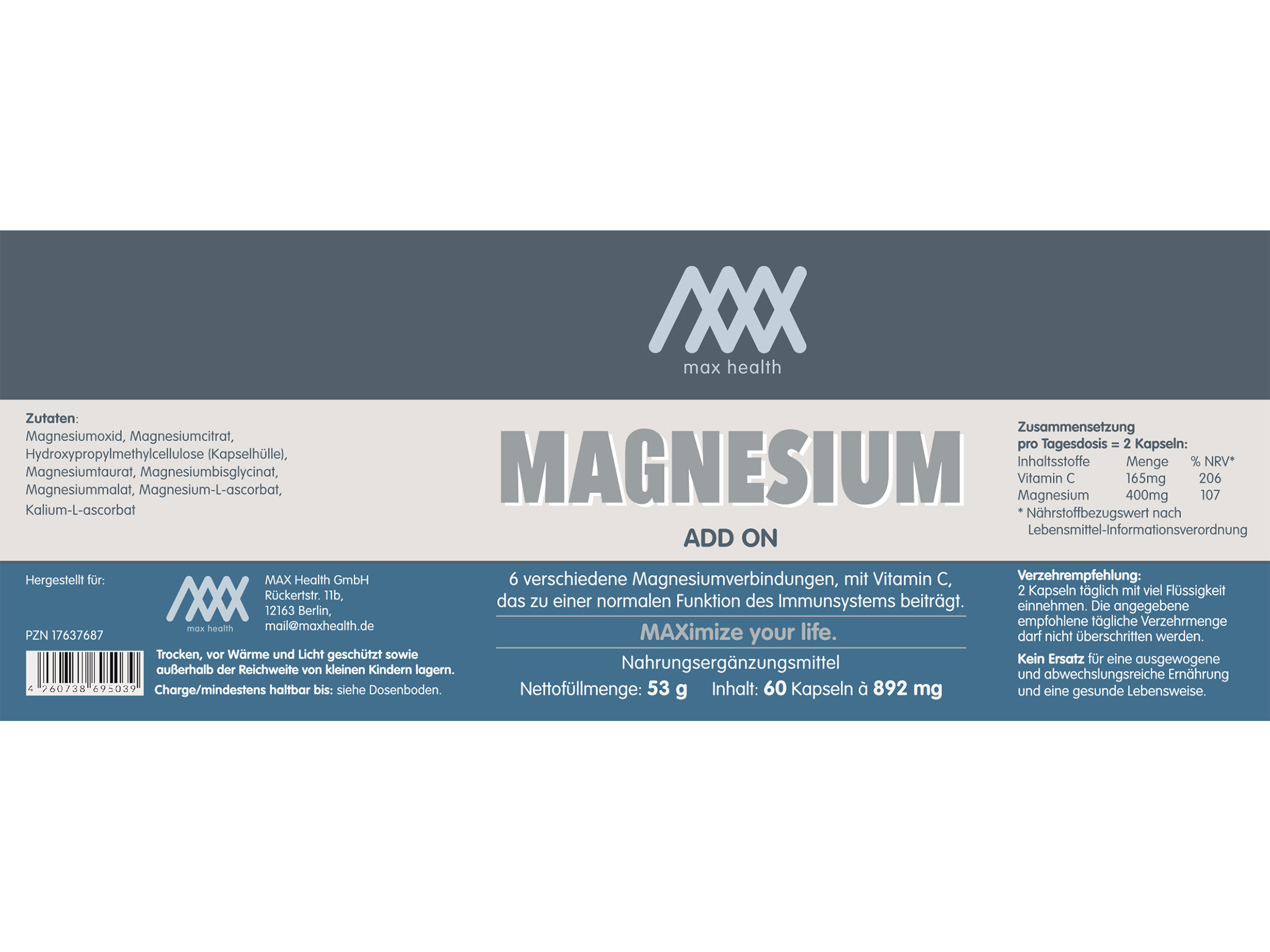 Max Health Magnesium Add on Etikett